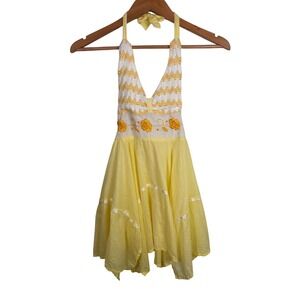 Kids Yellow Halter Dress Embroidered Flowers White Crochet Accent Tie Back 6-8yr